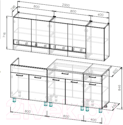 Кухонный гарнитур Mio Tesoro КГ-2 2000 (белый/дуб сонома/дуб венге/тростник)
