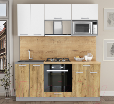 Кухонный гарнитур Интерлиния Мила Лайт 1.8 ВТ (белый платинум/дуб золотой/дуб бунратти)