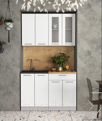 Кухонный гарнитур Интерлиния Мила 12 (белый платинум/белый платинум глянец/дуб бунратти)