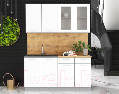 Кухонный гарнитур Интерлиния Мила 16 (белый платинум/белый платинум глянец/дуб бунратти)