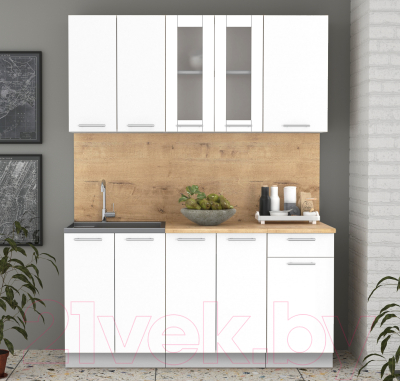 Кухонный гарнитур Интерлиния Мила 16-60 (белый платинум/белый платинум глянец/дуб бунратти)