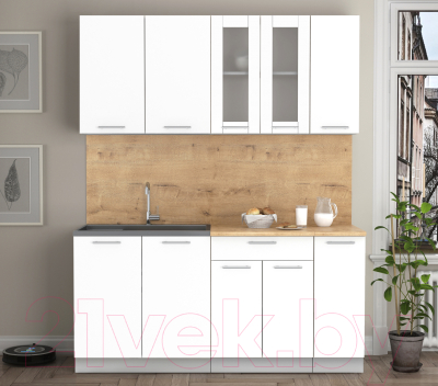 Кухонный гарнитур Интерлиния Мила 17 (белый платинум/белый платинум глянец/дуб бунратти)