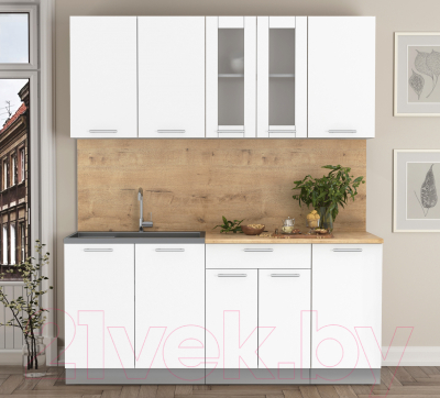 Кухонный гарнитур Интерлиния Мила 18 (белый платинум/белый платинум глянец/дуб бунратти)