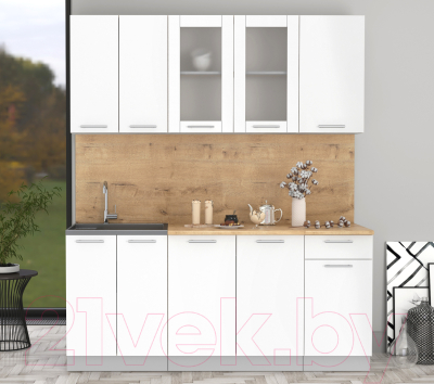 Кухонный гарнитур Интерлиния Мила 18-60 (белый платинум/белый платинум глянец/дуб бунратти)