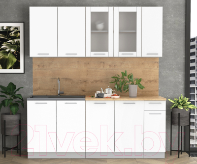 Кухонный гарнитур Интерлиния Мила 20 (белый платинум/белый платинум глянец/дуб бунратти)