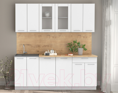 Кухонный гарнитур Интерлиния Мила 20-60 (белый платинум/белый платинум глянец/дуб бунратти)