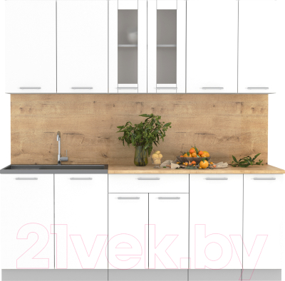 Кухонный гарнитур Интерлиния Мила 21 (белый платинум/белый платинум глянец/дуб бунратти) - фото