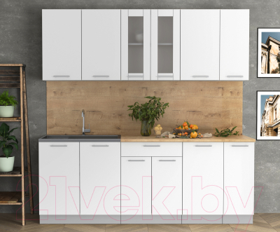 Кухонный гарнитур Интерлиния Мила 21 (белый платинум/белый платинум глянец/дуб бунратти)