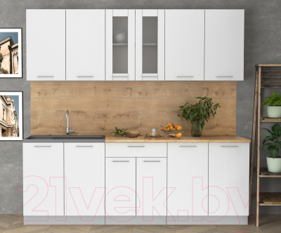 Кухонный гарнитур Интерлиния Мила 22 (белый платинум/белый платинум глянец/дуб бунратти)