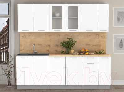 Кухонный гарнитур Интерлиния Мила 23 (белый платинум/белый платинум глянец/дуб бунратти)