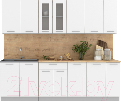 Кухонный гарнитур Интерлиния Мила 25 (белый платинум/белый платинум глянец/дуб бунратти) - фото