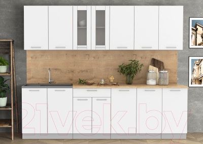 Кухонный гарнитур Интерлиния Мила 26 (белый платинум/белый платинум глянец/дуб бунратти)