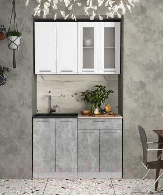 Кухонный гарнитур Интерлиния Мила 12 (бетон/белый платинум глянец/бискайская сосна)