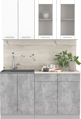 Кухонный гарнитур Интерлиния Мила 14-60 (бетон/белый платинум глянец/бискайская сосна)