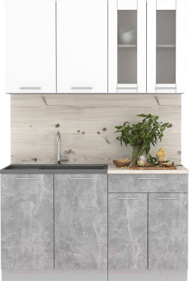 Кухонный гарнитур Интерлиния Мила 14 (бетон/белый платинум глянец/бискайская сосна) - фото