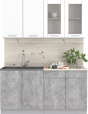 Кухонный гарнитур Интерлиния Мила 16 (бетон/белый платинум глянец/бискайская сосна) - фото
