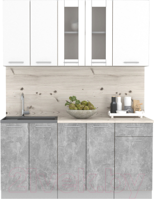 Кухонный гарнитур Интерлиния Мила 16-60 (бетон/белый платинум глянец/бискайская сосна) - фото