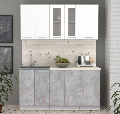 Кухонный гарнитур Интерлиния Мила 16-60 (бетон/белый платинум глянец/бискайская сосна)