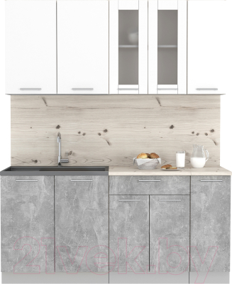 Кухонный гарнитур Интерлиния Мила 17 (бетон/белый платинум глянец/бискайская сосна) - фото