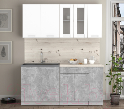 Кухонный гарнитур Интерлиния Мила 17 (бетон/белый платинум глянец/бискайская сосна)