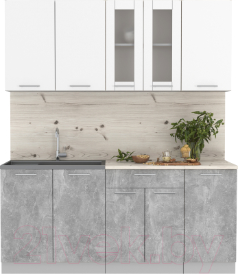 Кухонный гарнитур Интерлиния Мила 18 (бетон/белый платинум глянец/бискайская сосна) - фото