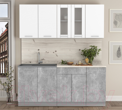 Кухонный гарнитур Интерлиния Мила 18 (бетон/белый платинум глянец/бискайская сосна)