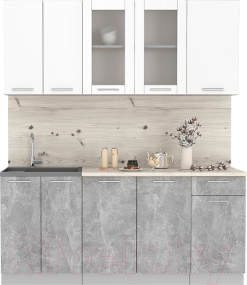 Кухонный гарнитур Интерлиния Мила 18-60 (бетон/белый платинум глянец/бискайская сосна) - фото