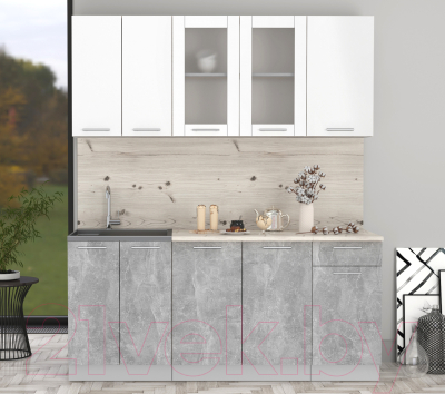 Кухонный гарнитур Интерлиния Мила 18-60 (бетон/белый платинум глянец/бискайская сосна)