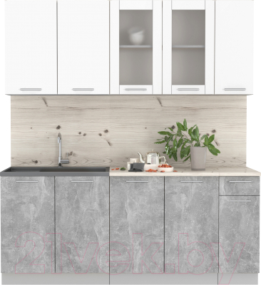 Кухонный гарнитур Интерлиния Мила 19 (бетон/белый платинум глянец/бискайская сосна) - фото