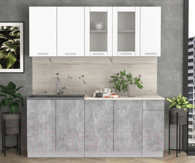 Кухонный гарнитур Интерлиния Мила 19 (бетон/белый платинум глянец/бискайская сосна)