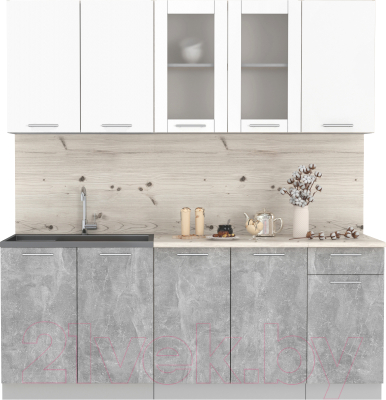 Кухонный гарнитур Интерлиния Мила 20 (бетон/белый платинум глянец/бискайская сосна) - фото