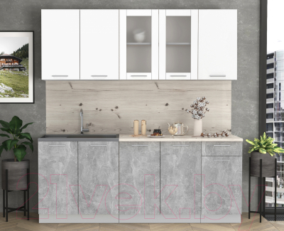 Кухонный гарнитур Интерлиния Мила 20 (бетон/белый платинум глянец/бискайская сосна)