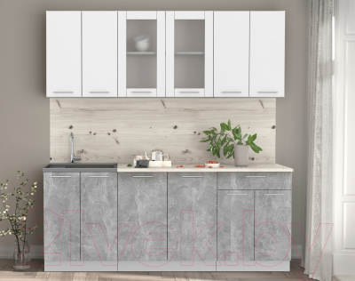 Кухонный гарнитур Интерлиния Мила 20-60 (бетон/белый платинум глянец/бискайская сосна)