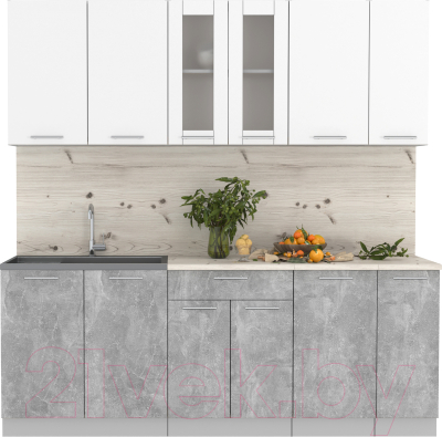 Кухонный гарнитур Интерлиния Мила 21 (бетон/белый платинум глянец/бискайская сосна) - фото