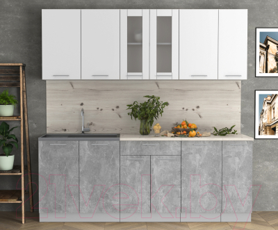Кухонный гарнитур Интерлиния Мила 21 (бетон/белый платинум глянец/бискайская сосна)