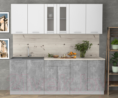 Кухонный гарнитур Интерлиния Мила 22 (бетон/белый платинум глянец/бискайская сосна)