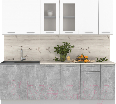 Кухонный гарнитур Интерлиния Мила 23 (бетон/белый платинум глянец/бискайская сосна) - фото