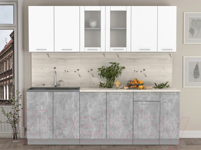 Кухонный гарнитур Интерлиния Мила 23 (бетон/белый платинум глянец/бискайская сосна)