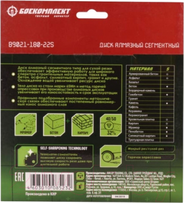 Отрезной диск алмазный Боекомплект B9021-180-22S