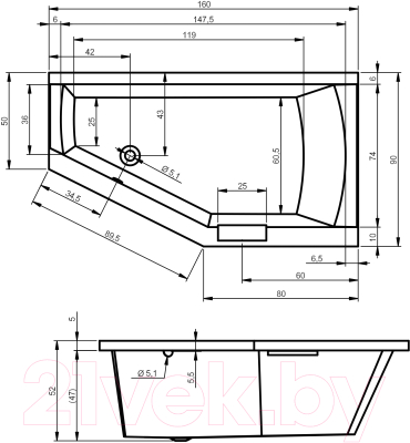 Ванна акриловая Riho Geta 160 L / B030001005 (без ножек)