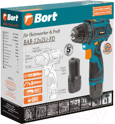 Аккумуляторная дрель-шуруповерт Bort BAB-12x2Li-FD (93413151)