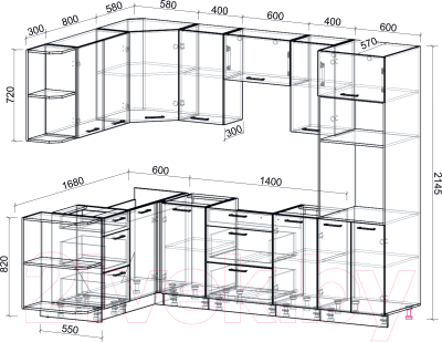 Готовая кухня Интерлиния Мила Лайт 1.68x2.6 левая без столешницы
