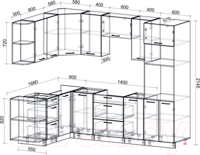 Готовая кухня Интерлиния Мила Лайт 1.68x2.6 левая без столешницы