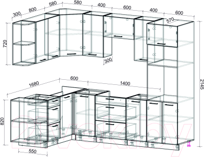 Готовая кухня Интерлиния Мила Лайт 1.68x2.6 левая без столешницы