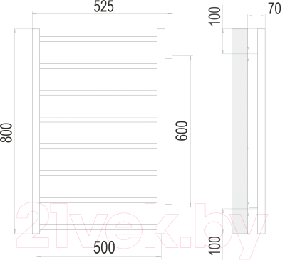 Полотенцесушитель водяной Terminus Вега П8 500x800 (с боковым подключением 60, RAL 9005 матовый)