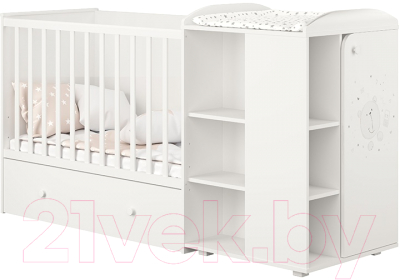 Детская кроватка Polini Kids French 900 Teddy с комодом / 0001526.9 (белый) - фото
