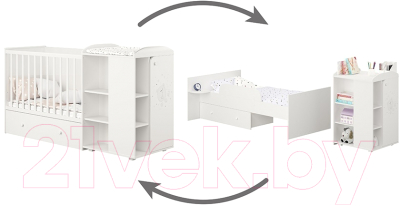 Детская кроватка Polini Kids French 900 Teddy с комодом / 0001526.9 (белый)