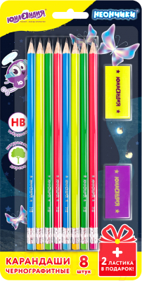 Набор простых карандашей Юнландия Неончики + 2 ластика / 181783 - фото