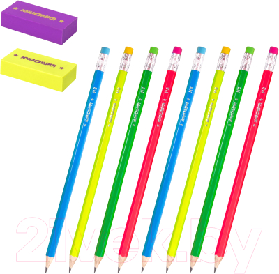 Набор простых карандашей Юнландия Неончики + 2 ластика / 181783