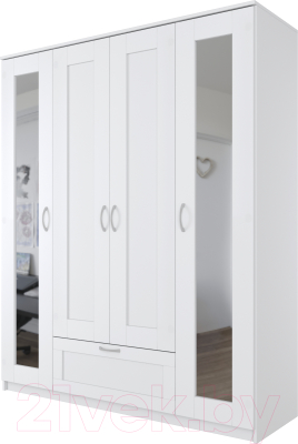 Шкаф Mio Tesoro Сириус 4-х створчатый 1 ящик с 2-мя зеркалами 2.02.01.042.1 (белый) - фото